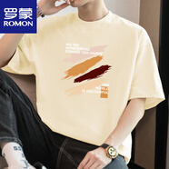 羅蒙（ROMON）260g重磅純棉t恤男短袖印花上衣服美式全棉半袖潮流寬松圓領(lǐng)體恤 M09-697米黃色 S 【80-100斤】