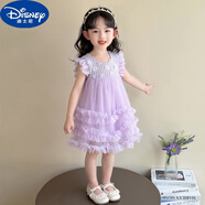 迪士尼（Disney）女童連衣裙2025新款兒童飛袖公主裙洋氣紗裙寶寶夏季薄款裙子 紫色 110 建議身高95-105厘米
