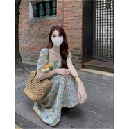 木清清大碼胖mm法式感碎花連衣裙女夏胖妹妹溫柔風(fēng)方領(lǐng)收腰顯瘦長(zhǎng)裙 花色 4XL 170-190