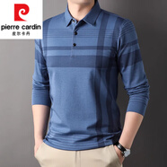 皮爾卡丹（pierre cardin）中年男士桑蠶絲條紋長(cháng)袖T恤翻領(lǐng)春秋季商務(wù)休閑爸爸Polo衫體恤 3919藍色   M 165 （100-120斤）