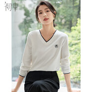 初申春秋長(cháng)袖T恤女時(shí)尚V領(lǐng)撞色邊花朵刺繡打底衫上衣S143T2004