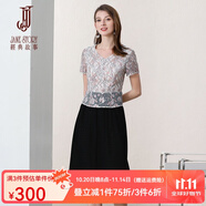 經(jīng)典故事（JANE STORY）經(jīng)典故事2025夏季新款V領(lǐng)拼按蕾絲裙修身通勤顯瘦短袖雪紡連衣裙 粉黑色A73 S