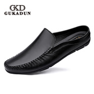 古卡頓（GUKADUN）牛皮半托式皮鞋男夏季包頭半拖皮鞋男真皮休閑鞋半拖鞋無跟一腳蹬 黑色 41