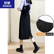 羅蒙黑色開(kāi)叉半身裙女春秋高腰a字短裙寬松遮跨中長(cháng)款西裝一步裙夏薄 后拉鏈--毛呢秋冬款【有內襯】 XS