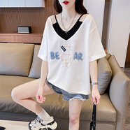 BMOIV領(lǐng)露肩短袖t恤女2025夏季新款女裝韓版學(xué)生寬松遮肉上衣服T恤女 白色 M 建議100斤內