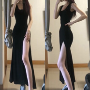 GOYN歐美風(fēng)高開叉長裙女夏彈力長款背心裙修身收腰大擺連衣裙 黑色 XS