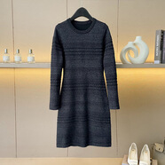 汐燦小香風(fēng)新款小香風(fēng)長(cháng)袖圓領(lǐng)高腰連衣裙冬季內搭字修身時(shí)尚毛衣裙女 黑色金絲 S