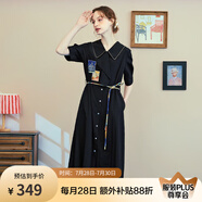 兩三事梵高文藝 美學(xué)漣漪 2025夏季新款印花貼布繡綁帶翻領(lǐng)連衣裙 黑色-y M