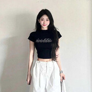 妙奕嘉正肩短袖t恤女新款2025女士t恤衫女款顯瘦遮肚子夏季女裝半袖上衣 美式黑色正肩辣妹修身短袖 L 【建議105-120斤】