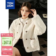 唐獅（TonLion）2023仿羊羔毛外套女短款圓領(lǐng)小香風(fēng)上衣 米白 L 