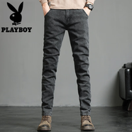 花花公子（PLAYBOY）牛仔褲男士彈力修身小腳長(zhǎng)褲子男款2025春秋季潮牌復(fù)古直筒休閑褲 3608黑灰 30