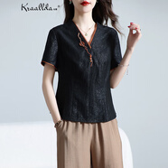 卡搭（kraallda） 龜紋香云紗上衣女短袖2025夏設計感媽媽裝刺繡V領桑蠶絲真絲上衣 黑色 L