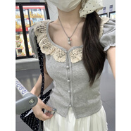 衣然呈品韓版蕾絲拼接荷葉領(lǐng)短袖T恤女夏季薄款修身顯瘦泡泡袖紐扣上衣女 灰色 L 【建議110-120斤】
