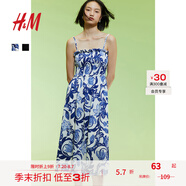 H&M女裝背心吊帶連衣裙夏季無袖修身收腰露背海洋印花長裙1221999 白色/藍色花卉 XS 155/80