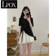 LPOX套裝女夏季新款套裝夏季蝴蝶結(jié)上衣胖MM遮肚顯瘦裙子套裝女 短款套裝 XL 【建議120~140斤】