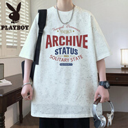 花花公子（PLAYBOY）美式印花短袖t恤男夏季新款潮牌寬松落肩袖體恤青少年休閑上衣服T T2561白色 L 約110-130斤可穿