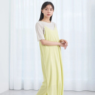茉馥日系earth時(shí)尚寬松休閑可調(diào)節(jié)百褶拼接處吊帶連衣裙無袖T恤長裙 黃色 均碼