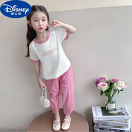 迪士尼（Disney）兒童夏季短袖長褲套裝男女童休閑T恤潮流公主風兩件套 白上衣+粉褲子 150 建議135-145厘米左右