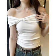 LISI純欲風(fēng)一字肩上衣女新款夏美式辣妹緊身露鎖骨蝴蝶結(jié)甜辣短款T恤 M