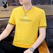 花花公子（PLAYBOY）男士薄款短袖t恤夏季韓版透氣冰絲半袖體恤青年潮流提花圓領(lǐng)上衣 黃色ZY-246 M 90-110斤以內(nèi)