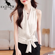袋鼠（DAISHU）法式氣質(zhì)V領(lǐng)掛脖桑蠶絲吊帶背心女夏季收腰綁帶小衫外穿無(wú)袖上衣 米色 L