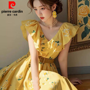 皮爾卡丹（pierre cardin）25夏季法式小眾不撞款沙灘海邊度假黃色玫瑰印花小飛袖連衣裙子女 黃色連衣裙 送腰帶 L 建議101-120斤