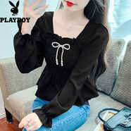 花花公子（PLAYBOY）2025夏季新款日系甜美拼接紐扣蝴蝶結(jié)白紗雪紡衫修身顯瘦長(zhǎng)袖設(shè)計(jì) 黑色--2221 S 80-95斤