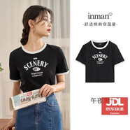 茵曼（INMAN）李一桐字母短款圓領(lǐng)短袖T恤女2024年夏季印花上衣 午夜黑 均碼 s