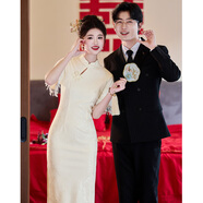 帕絲特連衣裙女新中式盤(pán)扣新娘服旗袍裙回門(mén)宴訂婚喜慶宴會(huì )禮服 米白 XL