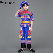 壯族三月三民族服裝女童長裙廣西壯族三月三兒童服裝新款男女童幼兒園演出服苗彝族黎瑤畬羌族 男款雙腰帶款+頭飾 170cm