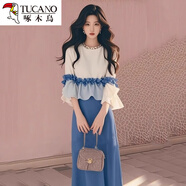 啄木鳥(niǎo)春裝搭配一整套感荷葉邊上衣半身裙套裝2025大尺碼洋裝子 上衣+半身裙 【套裝】 L 【建議101-120斤】