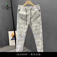 薩拉維夫（Sllavif）夏季薄款新款休閑褲男士個性九分褲韓版修身小腳褲百搭松緊花褲子 淺灰色 29
