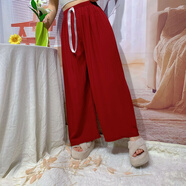 綿綢新款夏季女寬松大碼闊腿褲九分褲女可外穿綿人造綿 棉綢闊腿褲-安可拉紅 XL 【建議80-120斤】