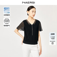 娜爾思（NAERSI）新款上衣V領(lǐng)喇叭袖毛針織衫短袖毛衫通勤時(shí)尚毛衫 黑色 2XL