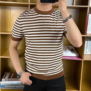 FR.YH.ZH禾木輕奢嚴選男士萊賽爾柔軟舒適修身力夏季條紋伊力特針織 咖色(咖杏條紋)|| M 90110斤||