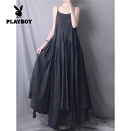 花花公子（PLAYBOY）撿漏文藝森系不規(guī)則大擺吊帶連衣裙超仙女棉亞麻背心長裙子 黑色 L 建議130斤以下
