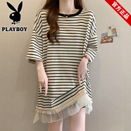 花花公子（PLAYBOY）中長款條紋短袖t恤裙子女夏季大碼微胖mm梨形身材蕾絲拼接連衣裙 白色連衣裙[微胖女生/今年流行漂 M [建議85-100斤]