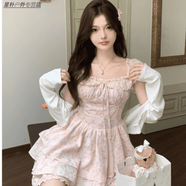 婕茵桐小仙女的衣櫥櫻織花翎秋冬甜美小飛袖溫柔碎花收腰打底連衣短裙 L (100-120斤)