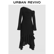 UR2025秋季新款女裝拼接蕾絲荷葉邊長(cháng)袖A字連衣裙UWJ750100