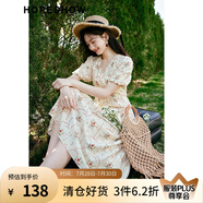 紅袖100%棉氛圍感連衣裙夏季新款女裝 印花高級感小眾收腰V領(lǐng)顯瘦長裙 米底花611 M