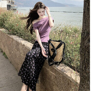 覽色 LOARSEOR2025新款夏季一字肩修身紫色上衣顯瘦短袖T恤高腰碎花半身裙套裝 小個(gè)子2件套裝 S