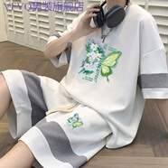 VFVQ夏季華夫格拼色套裝冰絲短袖T恤男士潮流大碼學(xué)生寬松休閑五分褲 白色套裝【花蝴蝶】 M 80-100斤