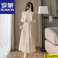羅蒙（ROMON）超仙溫柔風雪紡碎花連衣裙女2025新款夏季氣質v領收腰茶歇a字裙子 圖片色 L 建議111-120斤