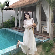花花公子（PLAYBOY）大碼沙灘裝25夏新款桑蠶絲白色五分袖鏤空連衣裙顯瘦長(cháng)款度假A字 白色連衣裙(有腰帶) L 建議(115斤-125斤)