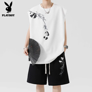 花花公子（PLAYBOY）夏季男無袖背心短褲運(yùn)動(dòng)套裝國風(fēng)搭配一套冰絲涼感夏裝新中式穿搭 白色套裝 M 約80-100斤可穿