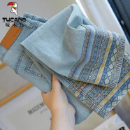 啄木鳥(niǎo)小眾復古民族風(fēng)牛仔褲2026夏季新款女百搭休閑修身顯瘦九分直筒褲 藍色【高品質(zhì)】 S (建議80-95斤)