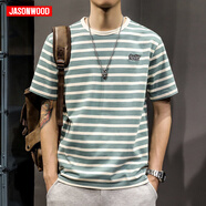 JASONWOOD純棉男士短袖T恤夏季寬松透氣簡約圓領衣服新款條紋百搭休閑上衣 121綠色 XL
