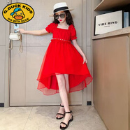 G.DUCKKIDS女童公主裙夏季新款燕尾連衣裙前短后長(zhǎng)兒童主持洋氣婚紗表演禮服 紅色2 160 cm