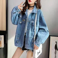 FSHE 刺繡牛仔外套女春秋2025新款寬松韓版bf流行歐洲站重工短款潮 藍色凈版 S 建議100斤以下