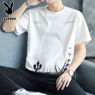 花花公子（PLAYBOY）純棉短袖t恤男士2025新款半袖體恤衫寬松潮流夏季男裝上衣服 Z826白色 3XL 【建議158-173斤】